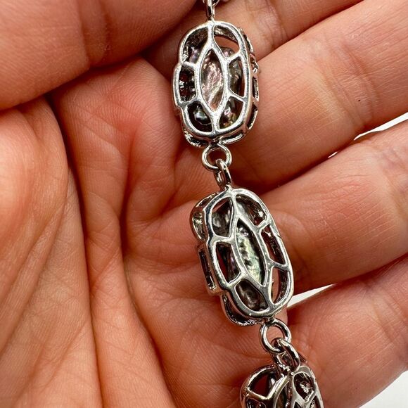 Silver tone metal, biwa pearls and cz accent diamond bracelet! - Picture 4 of 10